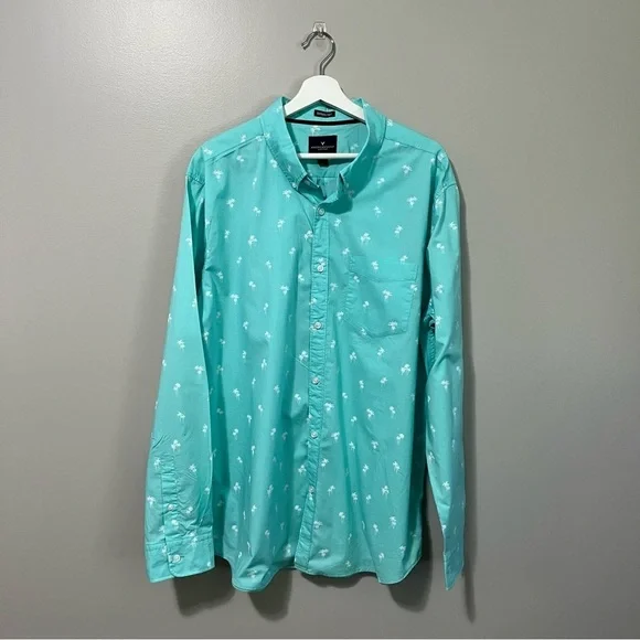American Eagle Teal Blue Poplin Palm Tree Print Button Down Classic Fit Shirt - Picture 4 of 11